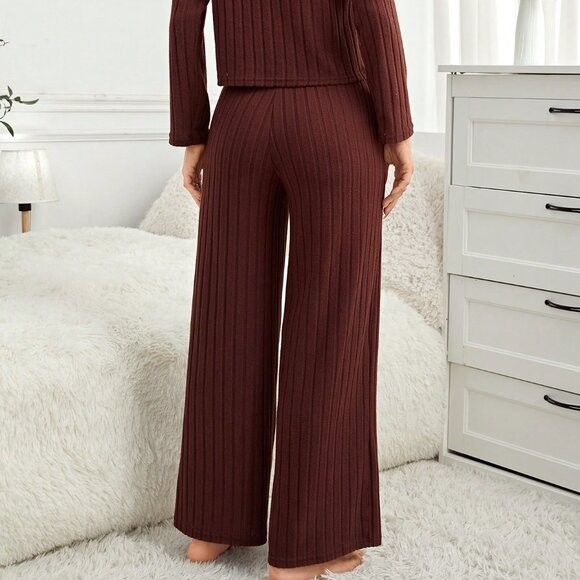 Coffee Brown Casual-Woman Women's Long Sleeve Ribbed lounge Set - Picture 2 of 6
